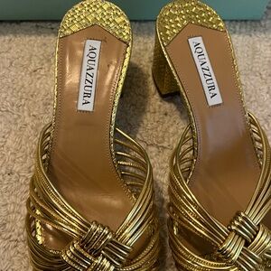 Aquazzura Metallic Gold Braided Strappy Block Heel Sandals